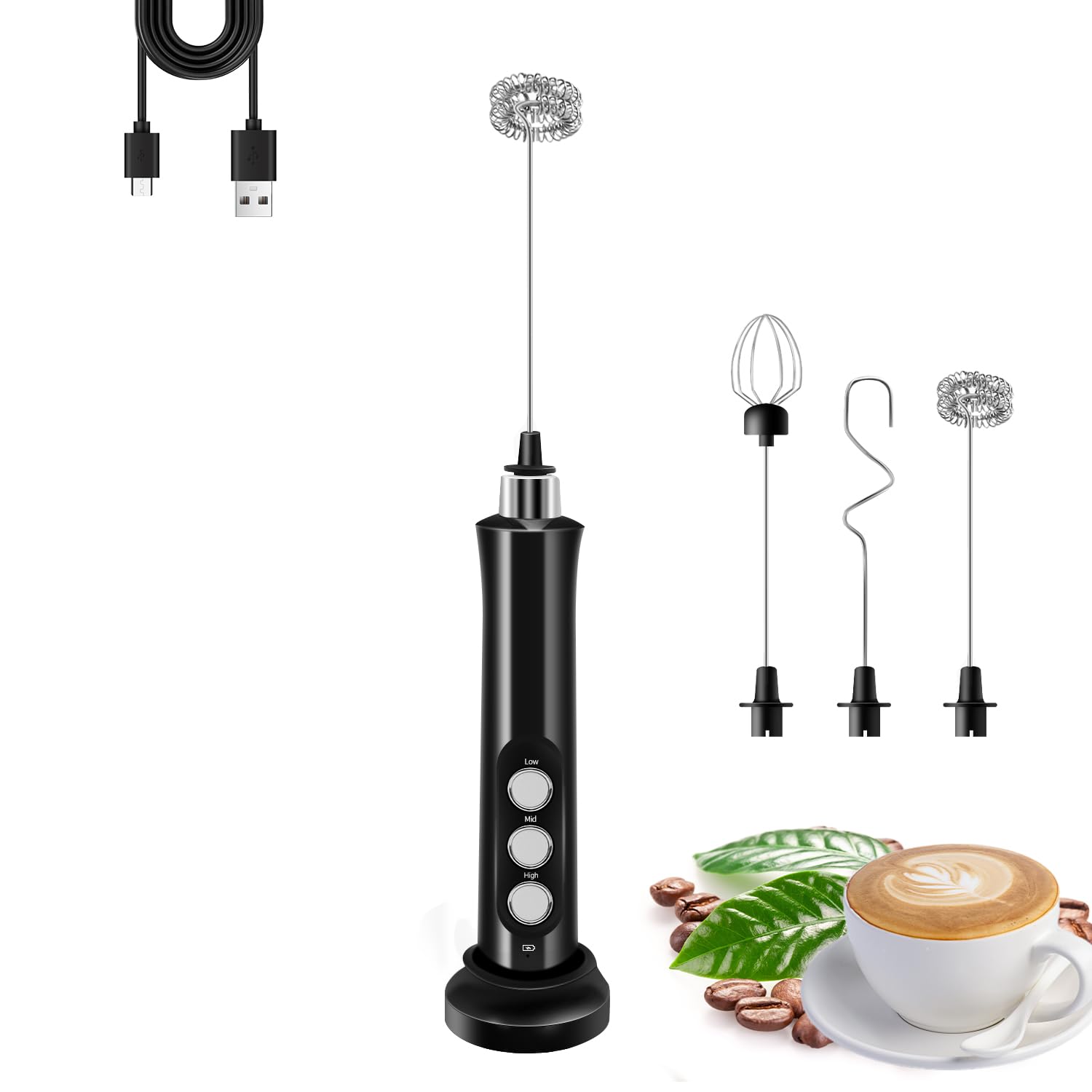 Photo 1 of Rechargeable Milk Frother Handheld with 3 Detachable Stainless Steel Whisks, 3 Speed Adjustable Electric Whisk Foam Maker, Handheld Drink Mixer, Frother Wand for Coffee, with Storage and Charging Base