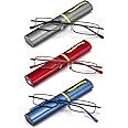 REAVEE 3 Pack Slim Pen Reading Glasses Small Tube Stylish Readers for Women Men Spring Hinged with Portable Clip Case, Grey Red Blue 2.0