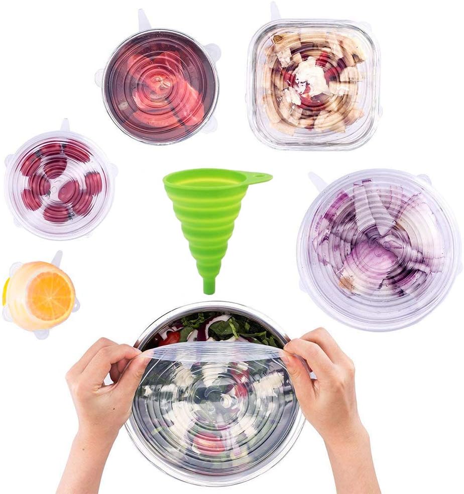 Silicone Stretch Lids, Seasky 6 Pack Reusable Lids - 1 Silicone Funnels, Durable and Expandable to Fit Various Sizes and Shapes of Containers for Keeping Food Fresh, Microwave and Freezer Safe (White)