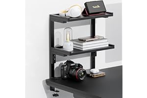 Spacrea clamp on Desk Shelf, 2 Tier Office Desk Shelves Organizer, Wood Desktop Supplies Storage Rack, Desk Organizers and Accessories (Black)