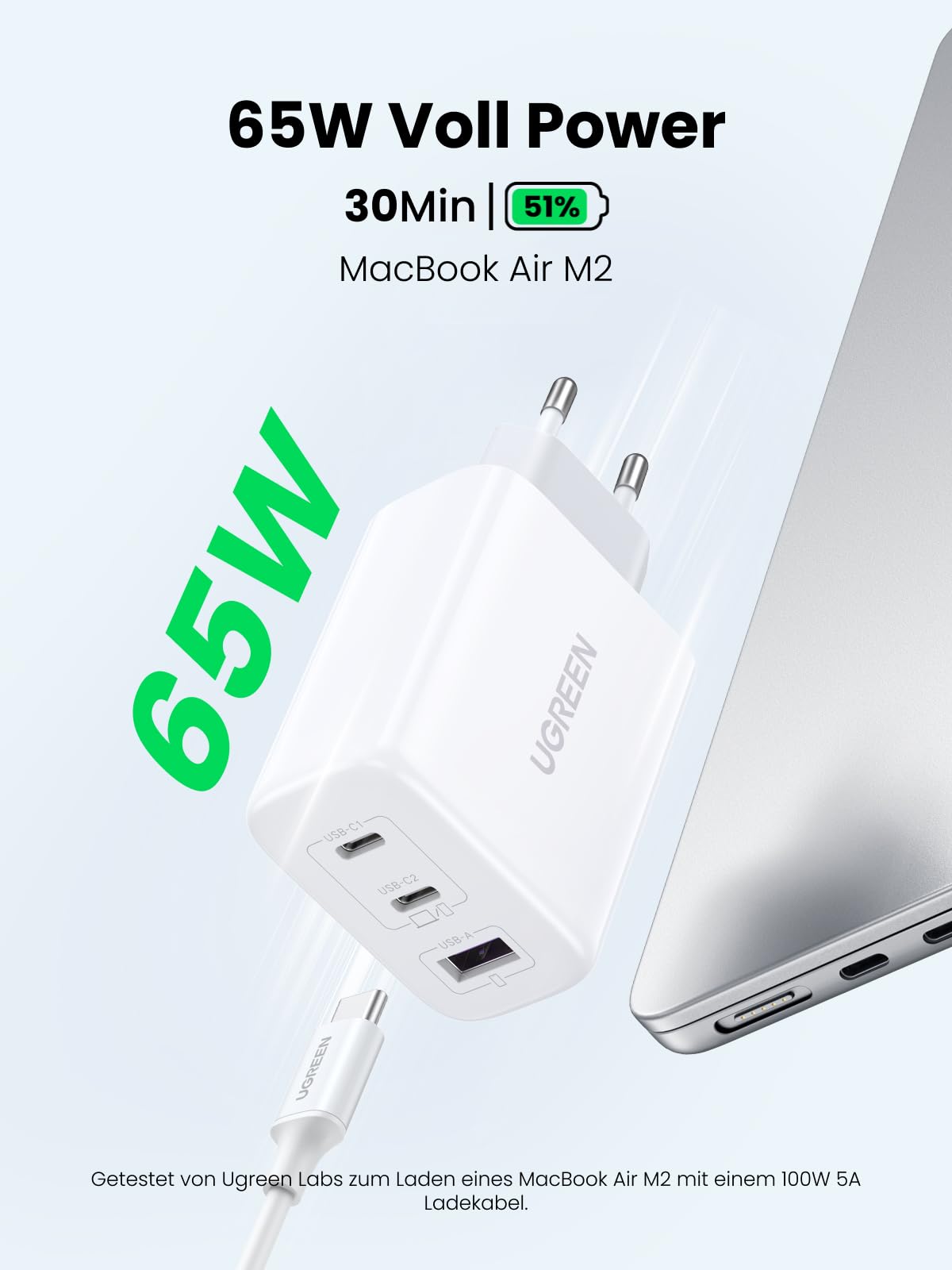 UGREEN USB C Ladegerät 65W PD Netzteil 3-Port Charger Adapter PPS 45W Schnellladegerät kompatibel mit MacBook Pro/Air, iPad, iPhone 17/16/15/14, Galaxy S25 Ultra, Pixel, Steam Deck (Weiß) 2