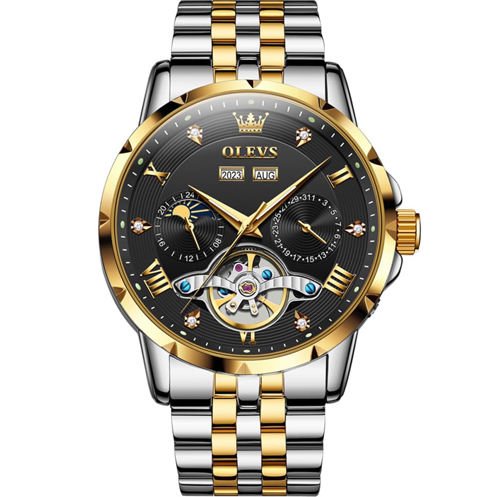 OLEVS Men's Mechanical Wristwatch, Automatic Winding, Moon Phase, Stylish, Skeleton, Waterproof, Popular, Luminous Watch for Men, Black & Gold