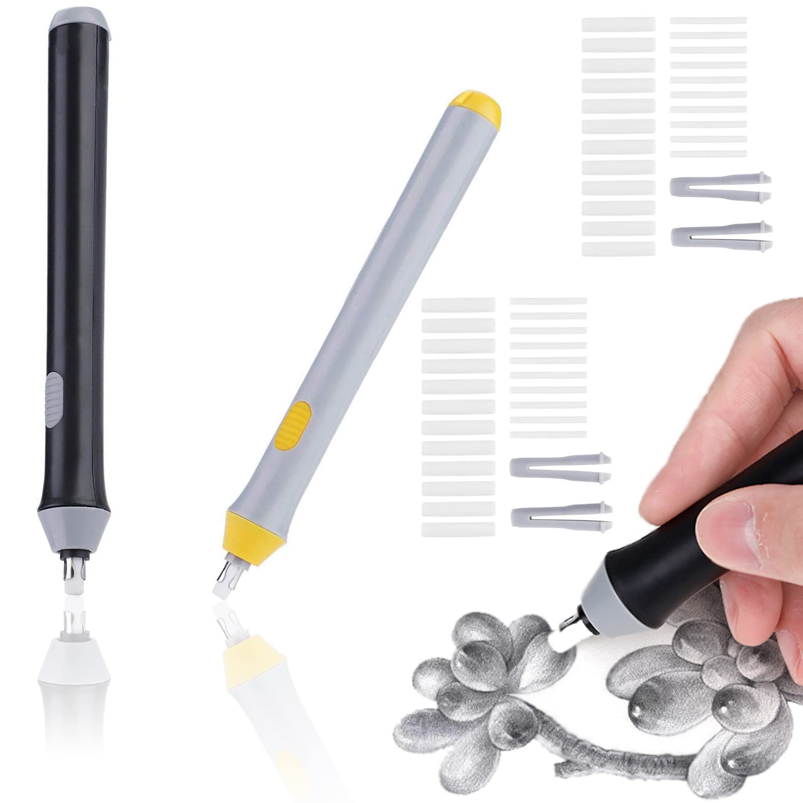 Mein HERZ 2 Pack Battery Operated Pencil Eraser with 44 pcs Replaceable Rubbers Refill Automatic Pencil Eraser Refill 2.3mm/5mm for Artist Drawing, Painting, Sketching, Drafting, Architectural Plans