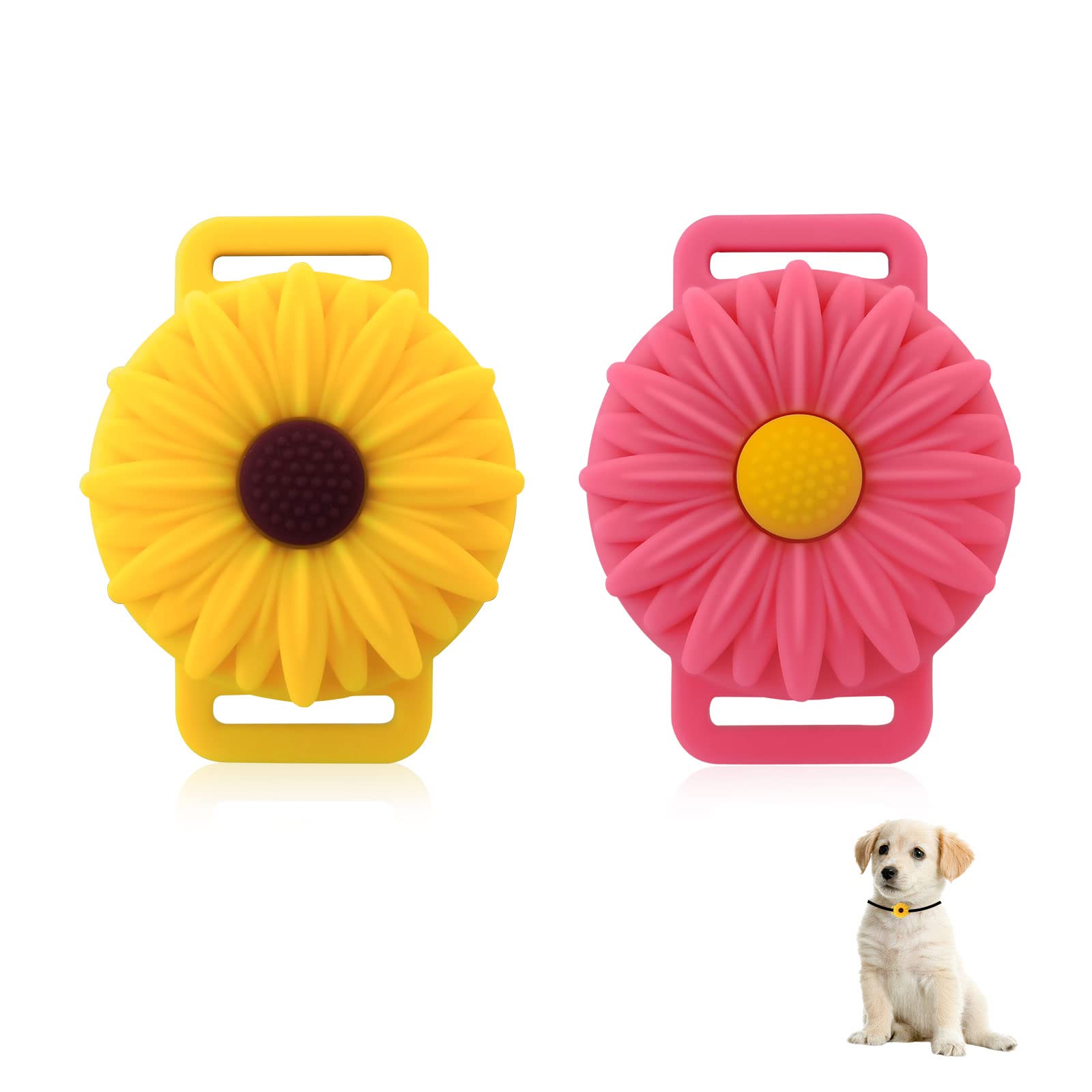 FuninCrea Sunflower Pet Apple AirTag Case for Collar, Durable Silicone Anti-Lost AirTag Holder for Dogs and Cats (Yellow+Pink)