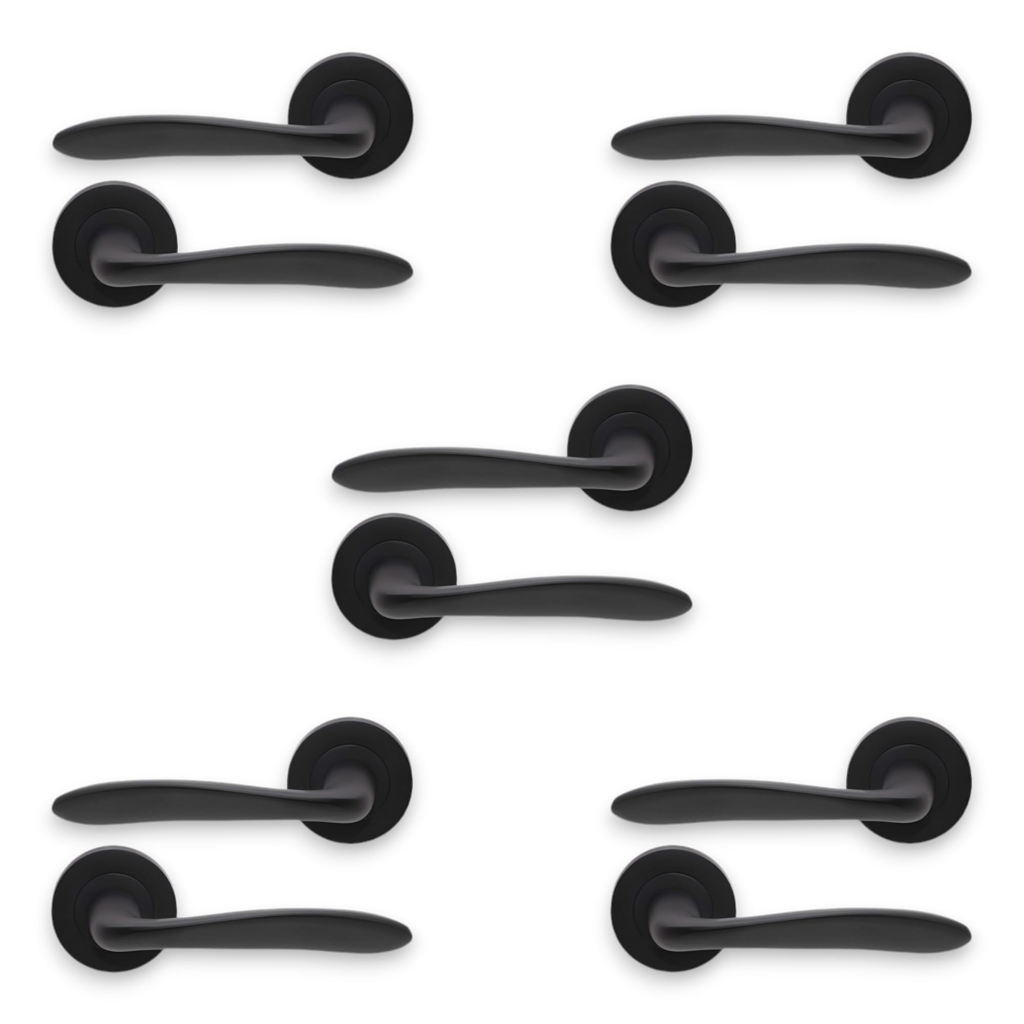 Infinity Decor Pair of 5 Matt Black Lever Door Handle on Round Rose Set Interior Pull Handles – for Interior & Exterior Doors