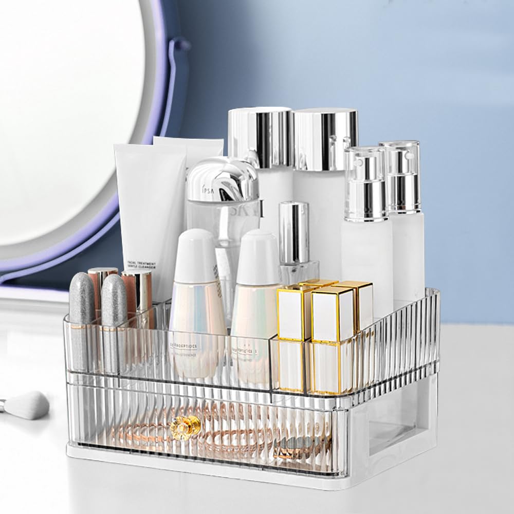 OKUYAN Clear 2-Tier Makeup Organiser Tray - Desk and Dressing Table Organizer for Skincare and Cosmetics - Acrylic Storage Box With Drawers for Vanity and Bathroom