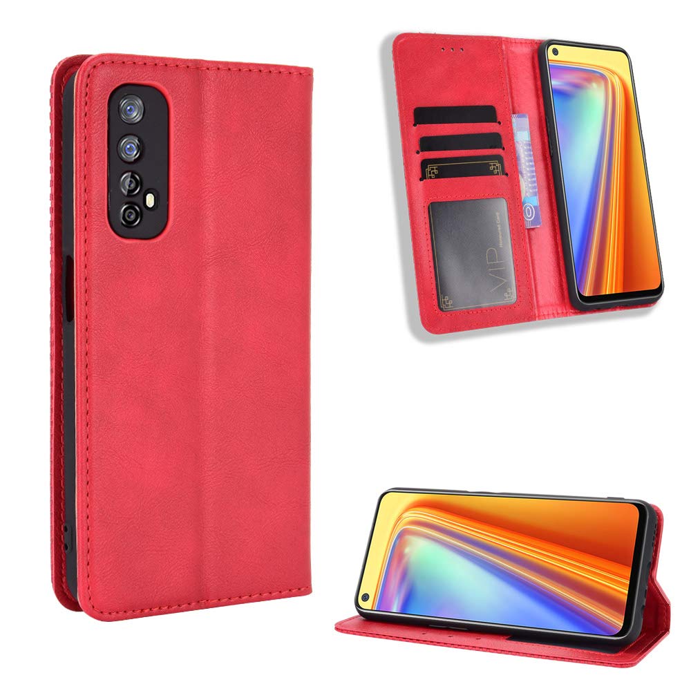 MingMing Wallet Case for Realme 7 Case, Retro Style Wallet Magnetic Cover with Credit Card Slots and Flip Stand, Leather Phone Case Compatible with Realme 7, Red — image 1