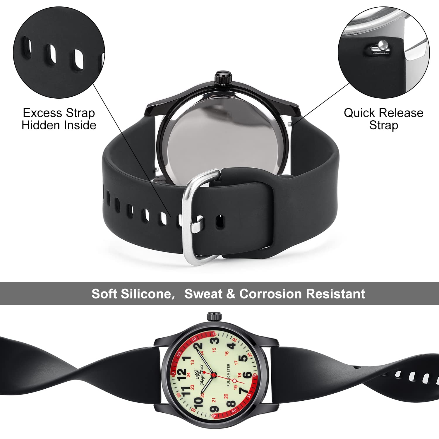 SIBOSUN Nurse Watch Wrist Watch Easy to Read Watches for Medical Students, Nurse, Doctors, Quartz Analog Second Hand Luminous Waterproof Silicone Straps Quick Release