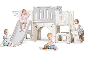 YUYUE 8 in 1 Toddler Slide,Kids Climber Slide with Storage Space and Non-Slip Steps,Indoor Outdoor Playset with Basketball Hoopa and Telescope,Slide for Toddlers Age 1-8 (White+Grey)