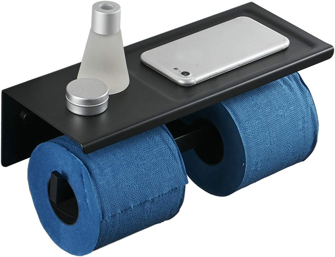 Toilet Roll Holder Wall Mounted Double Paper Holder with Storage Shelf, Black Matte