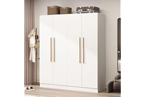 AIEGLE Wardrobe Armoire Closet with 4 Door, 63" Wide Large Freestanding Armoire Wardrobe Cabinet with Shelves & 3 Hanging Rods, Bedroom Wood Clothes Storage Cabinet Organizer, White