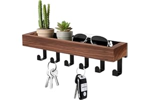 Key Holder for Wall, Decorative Wood Key Rack with 5 Vintage Hooks and Mail Holder Shelf, Rustic Key Hanger for Entryway, Off