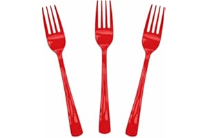 SietDESEO 25 PCS Red Plastic Forks Red Forks Disposable Utensils Heavy Duty Disposable Cutlery for Birthday Wedding Baby Shower Bridal Shower Plastic Silverware