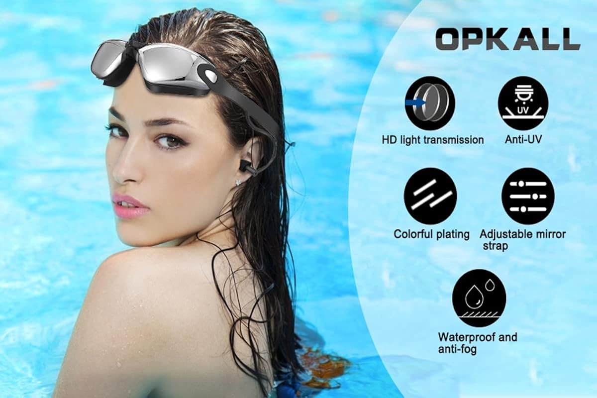 OPKALL Swimming Goggles Connected to Earplugs Swimming Goggles Anti Fog Triathlon with Crystal Clear UV Protection Case for Adult Men Women Youth Teen : Clothing