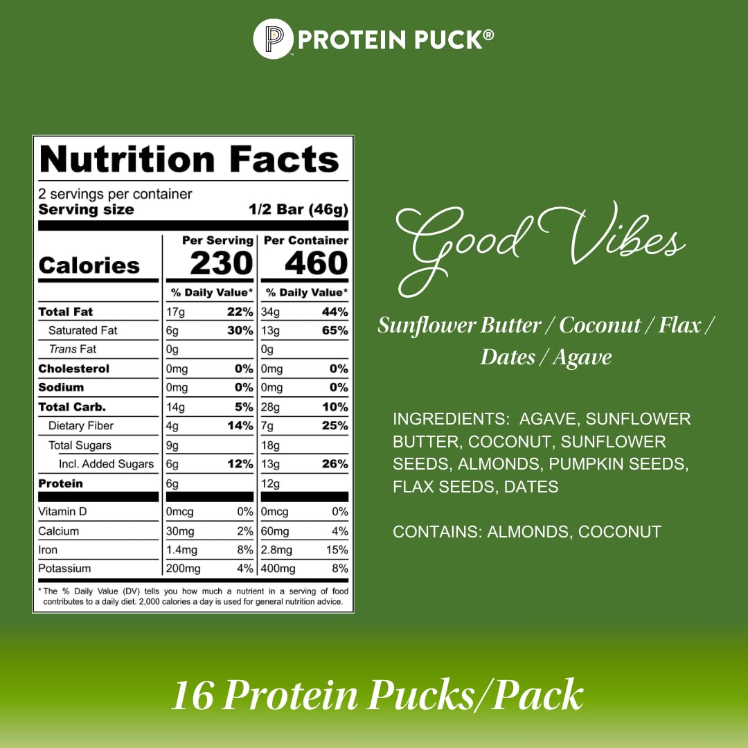 Protein Puck Plant Based Bars | Snacks with Vegan Protein | 16 Count | 3.25 oz Full Size | Gluten Free, Non Dairy, Kosher Certified Non GMO Premium Healthy Bars | Good Vibes