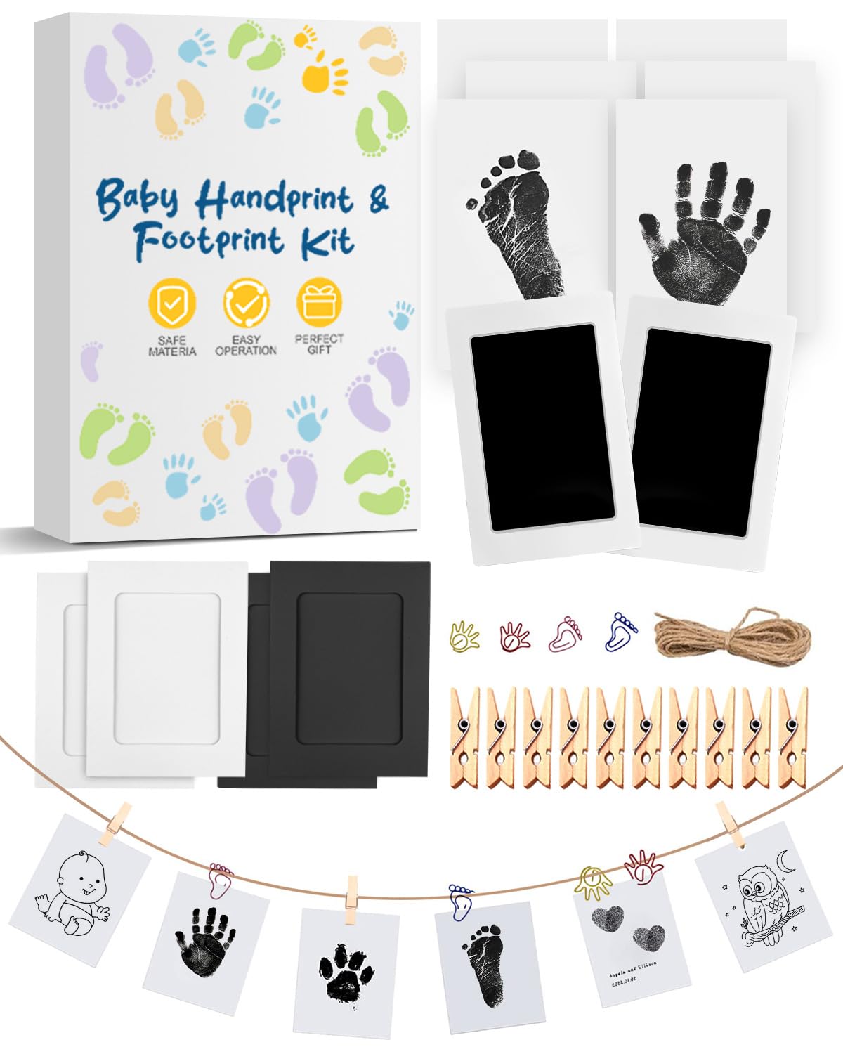 Baby Footprint Kit & Handprint Kit, 2 Inkless Ink Pads, 4 Photo Frames, 6 Imprint Cards, Keepsake Gifts for New Parents & Baby Showers, for Babies, Dogs & Cats Paw Print Kit with 4 Cute Clips