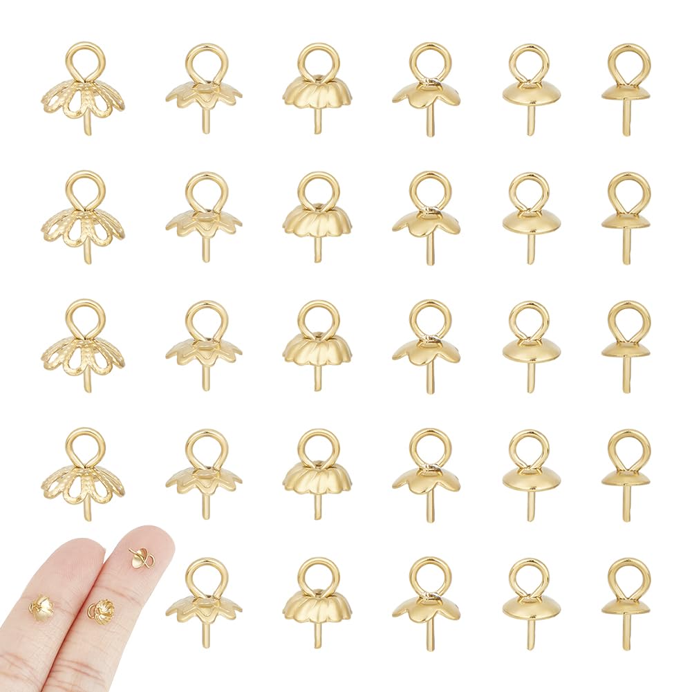 UNICRAFTALE 60pcs 6 Style Golden Stainless Steel Cup Pearl Peg Bails Pin Pendants Metal Flower Shape Pearl Screw Eye Pin Bail Nails for Half Drilled Beads DIY Jewellery Making — image 1
