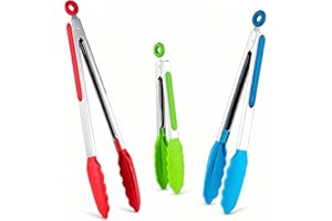 Kitchen Tongs Set of 3, Cooking Tongs with Silicone Tips, Stainless Steel Buffet Tongs, Non-Stick Non-Scratch Heat Resistant 