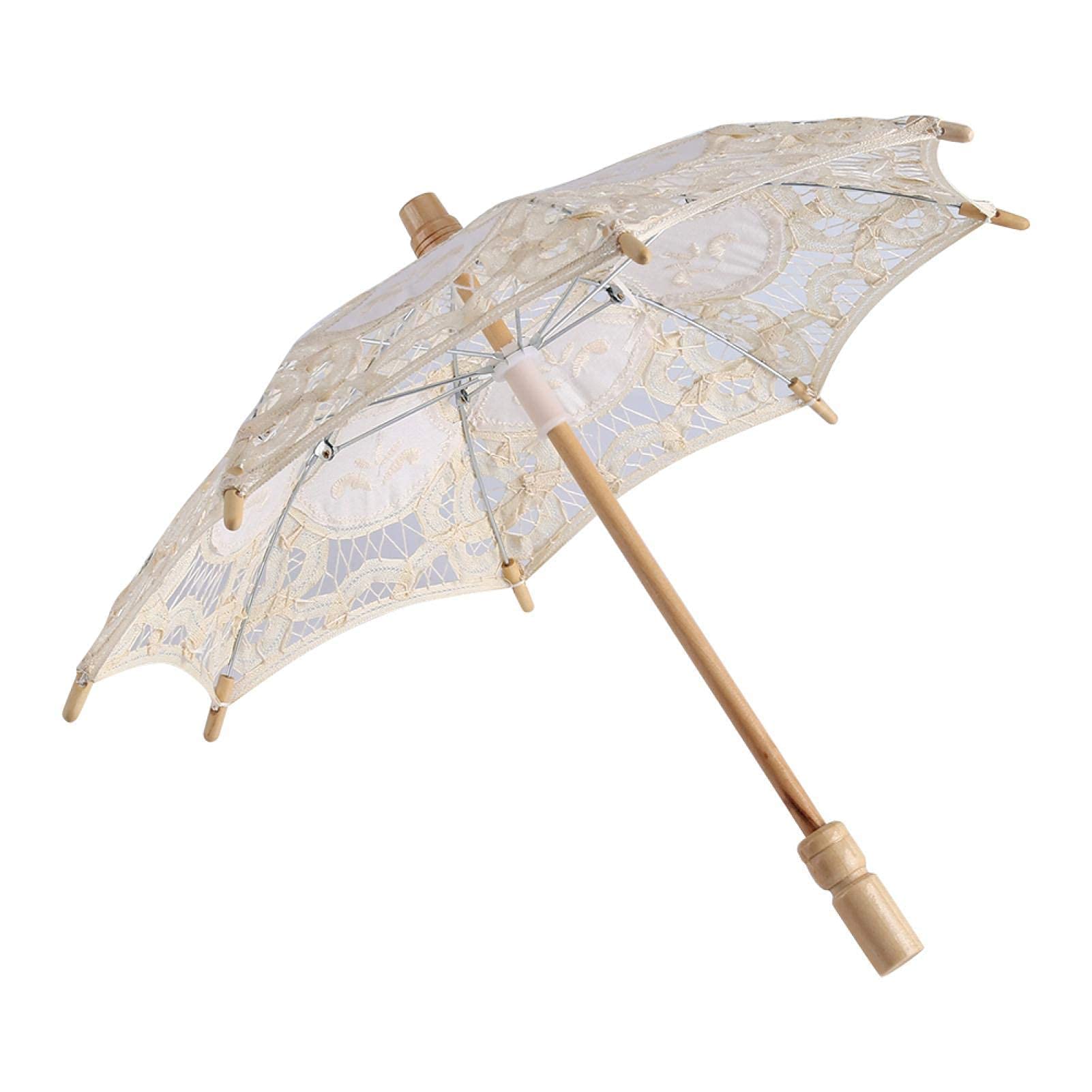 Wedding Parasol Umbrella, Lace Embroidered Parasol Umbrellas Wooden Handle Decoration Umbrella, Decorative Lace Handheld Summer Umbrella for Weddings Photo Props Lady Costume(S-Milk White)