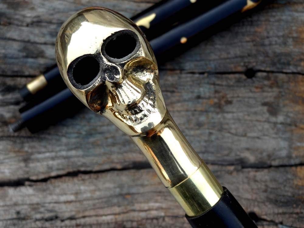 Calvin Collectible Solid Brass Men's Skull Head Treat Vintage Walking Cane Wooden Stick Nautical Cane Antique Stick,Brown,36 inches