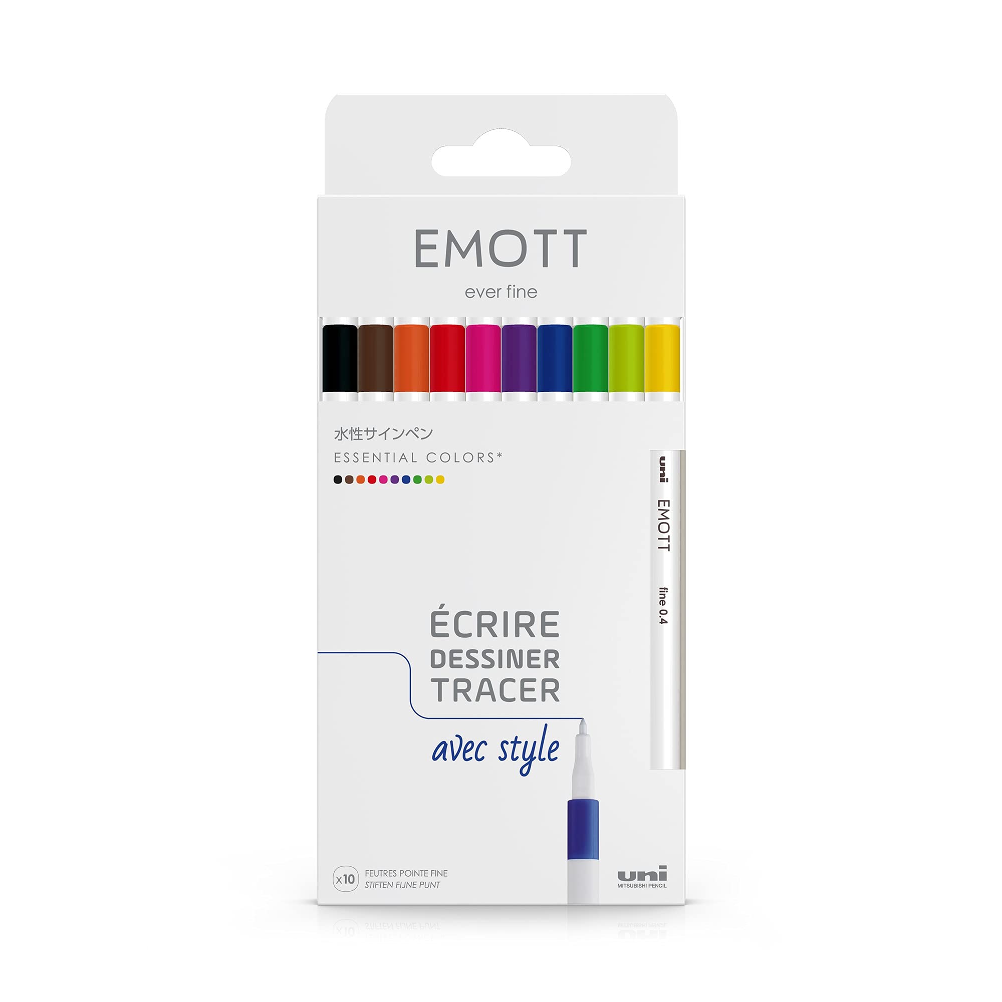 Uni-Ball Emott Mitsubishi Pencil – 10 Essential Colours – Write, Draw, Trace with Style – 0.4 mm Tip – Blue, Red, Green, Pink, Fuchsia, Brown, Orange, Black, Yellow, Light Green