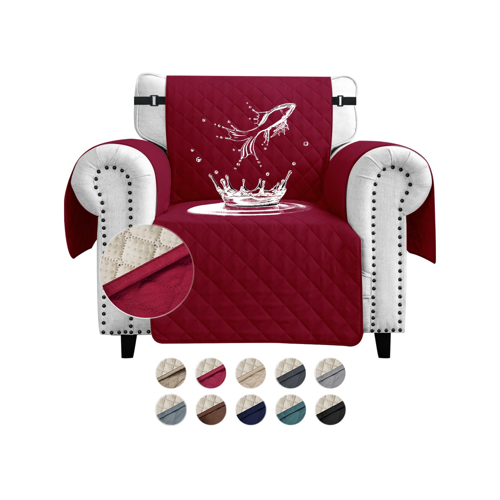 FIGOOO Sofa Covers Water Resistant Sofa Slipcovers 1 Seater Waterproof Anti-Slip Anti-Scratch Sofa Cover with Non Slip Elastic Straps for Dogs Cats Pets,Burgundy