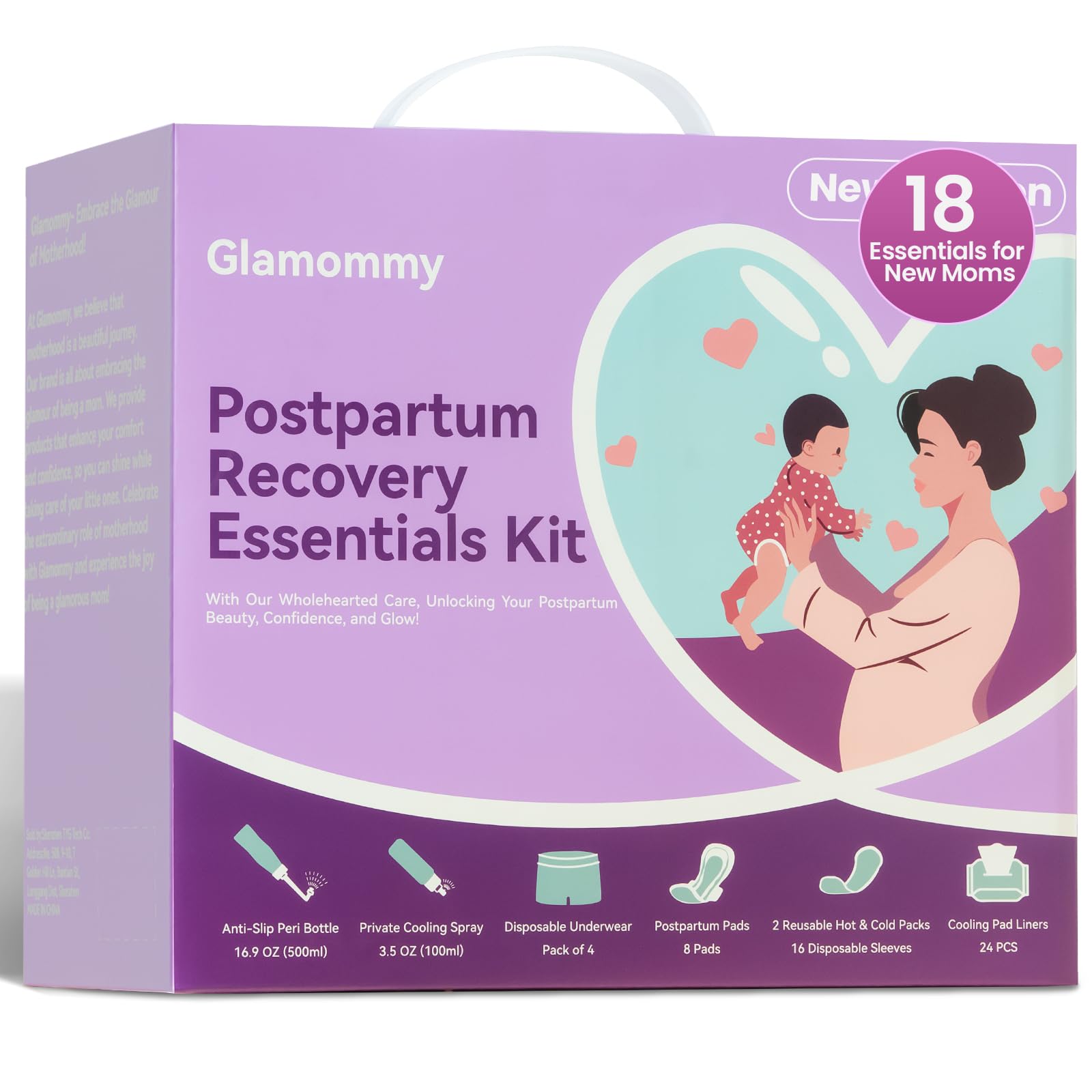 Photo 1 of Glamommy Postpartum Recovery Essentials Kit for Women, Labor & Delivery Postpartum Care, Peri Bottle, Cooling Spray, Disposable Postpartum Underwears, Postpartum Pads, Hot&Cold Packs, Soothing Liners