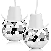 ALINK Disco Ball Cups with Cowboy Hat Lids and Straws, 20 OZ Silver Sparkly Disco Party Tumbler, Novelty Cups for Hen Bachelorette Party, Bride Shower Decorations, Pack of 2