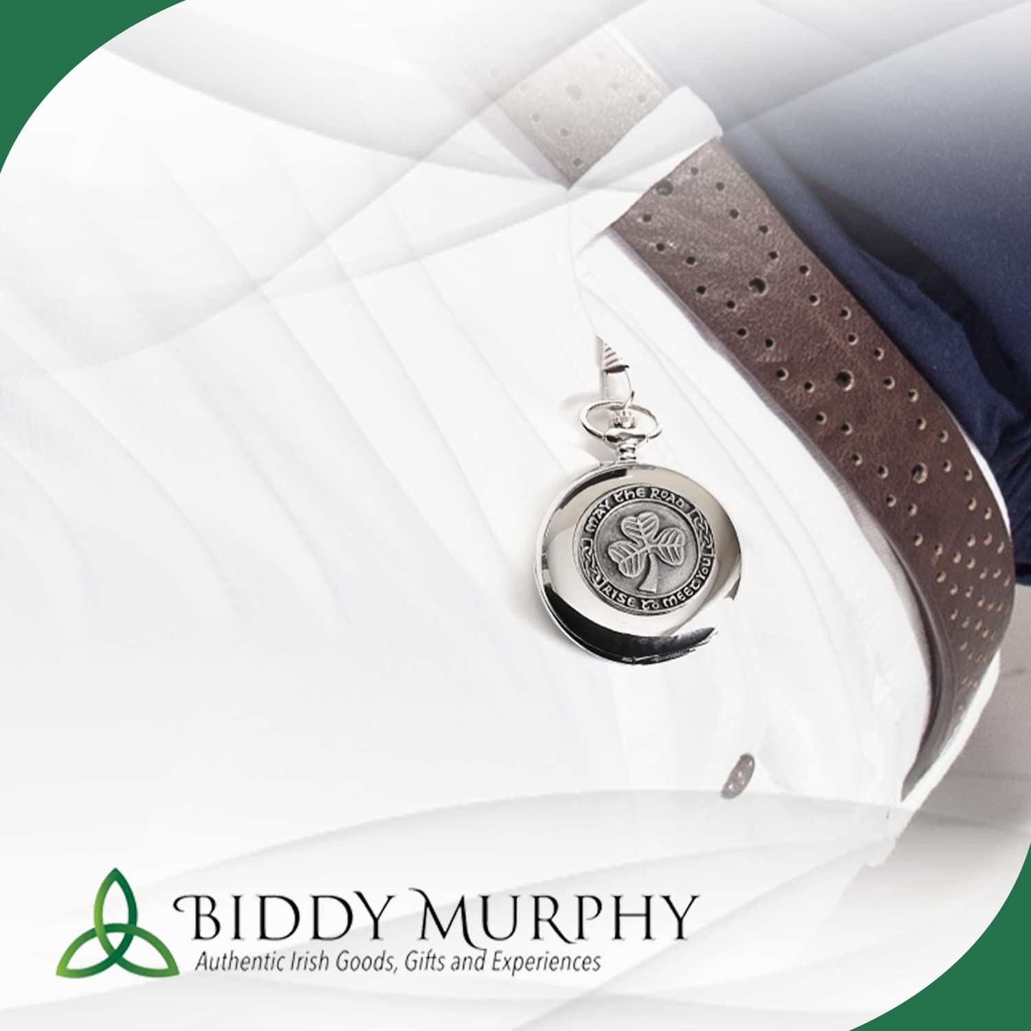 Biddy Murphy Shamrock Pocket Watch Made in Ireland Shamrock Pewter Medallion Stainless Steel Case with Chain, Made in Ireland