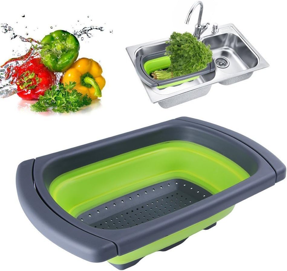 Jaer Colander collapsible, Colander Strainer Over The Sink Vegtable/Fruit Colanders Strainers With Extendable Handles, Folding Strainer for Kitchen,6 Quart(Green)