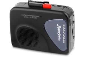 ByronStatics Portable Cassette Players Recorders FM AM Radio Walkman Tape Built In Mic External Speakers Manual Record VAS Automatic Stop System 2AA Battery Or USB Power Supply Headphone Black