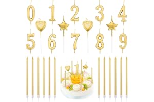 FULANDL 26Pcs Birthday Numeral Candles Set, 10Pcs Number 0-9 Glitter Cake Topper Decoration with 16Pcs Long, Star, Heart Birt