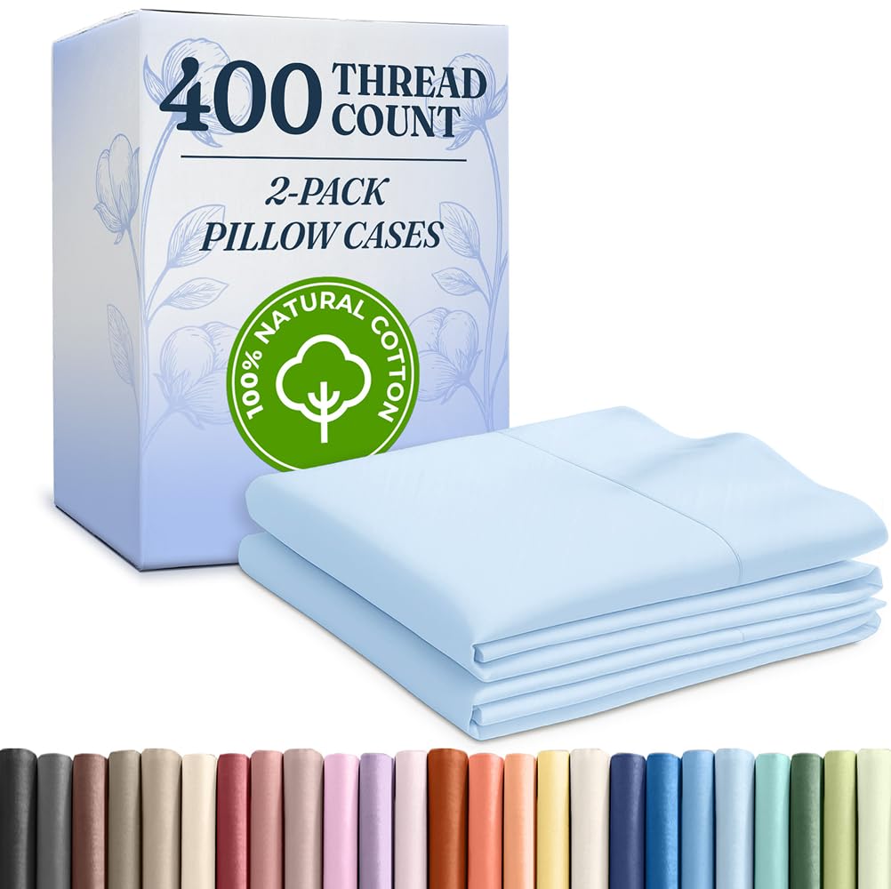Photo 1 of 100% Cotton Pillow Cases King Size - Cooling, Breathable & Soft Pillowcase Covers Set of 2-400 Thread Count Cotton - Wrinkle Free - Machine Washable Protectors - Luxury Hotel Bedding - Light Blue