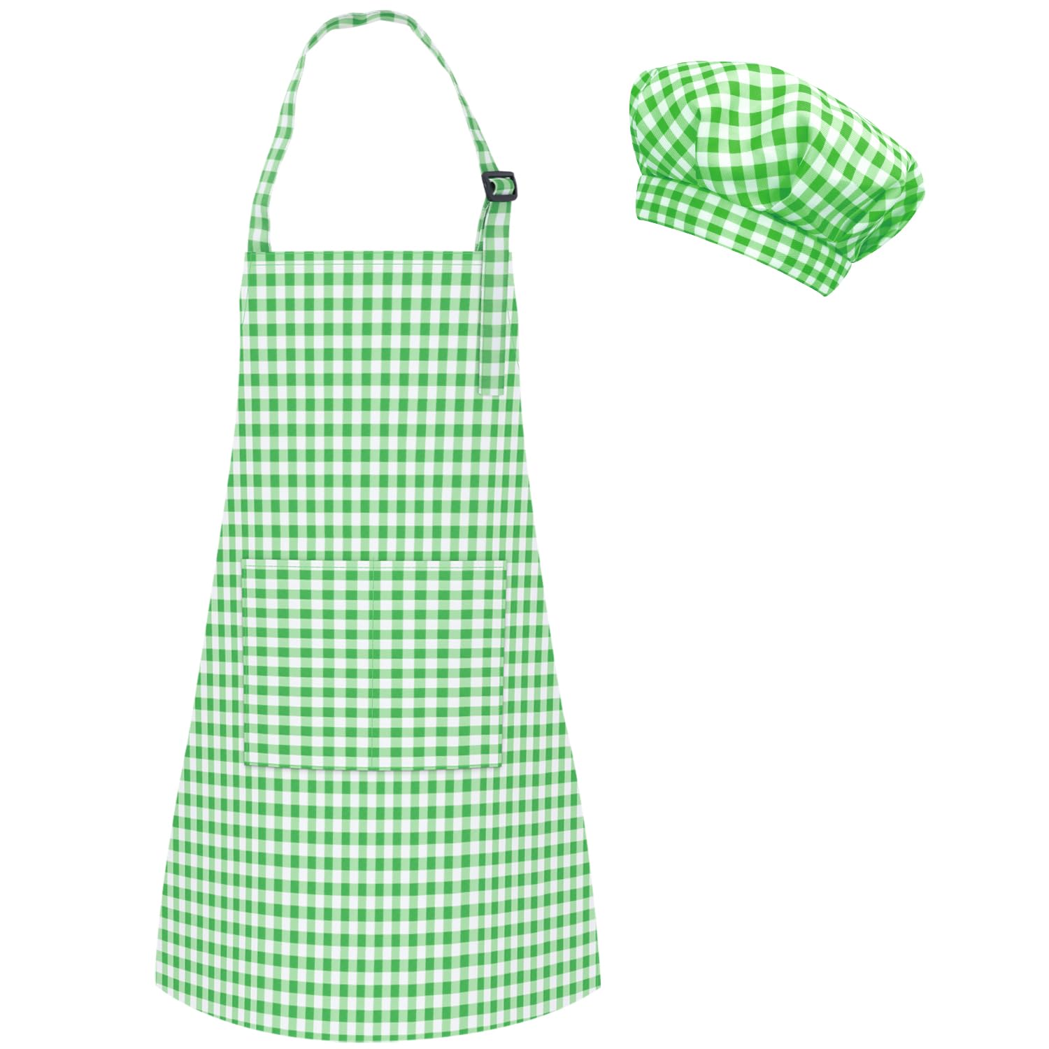 TOPWAYS Grid Kids Apron and Chef Hat Set, Adjustable Check Child Chef Aprons with 2 Pockets, Lattice Print Children's Apron for Kids Toddler Painting Baking Cooking Artist (Grid Green, M（3-6Years）)