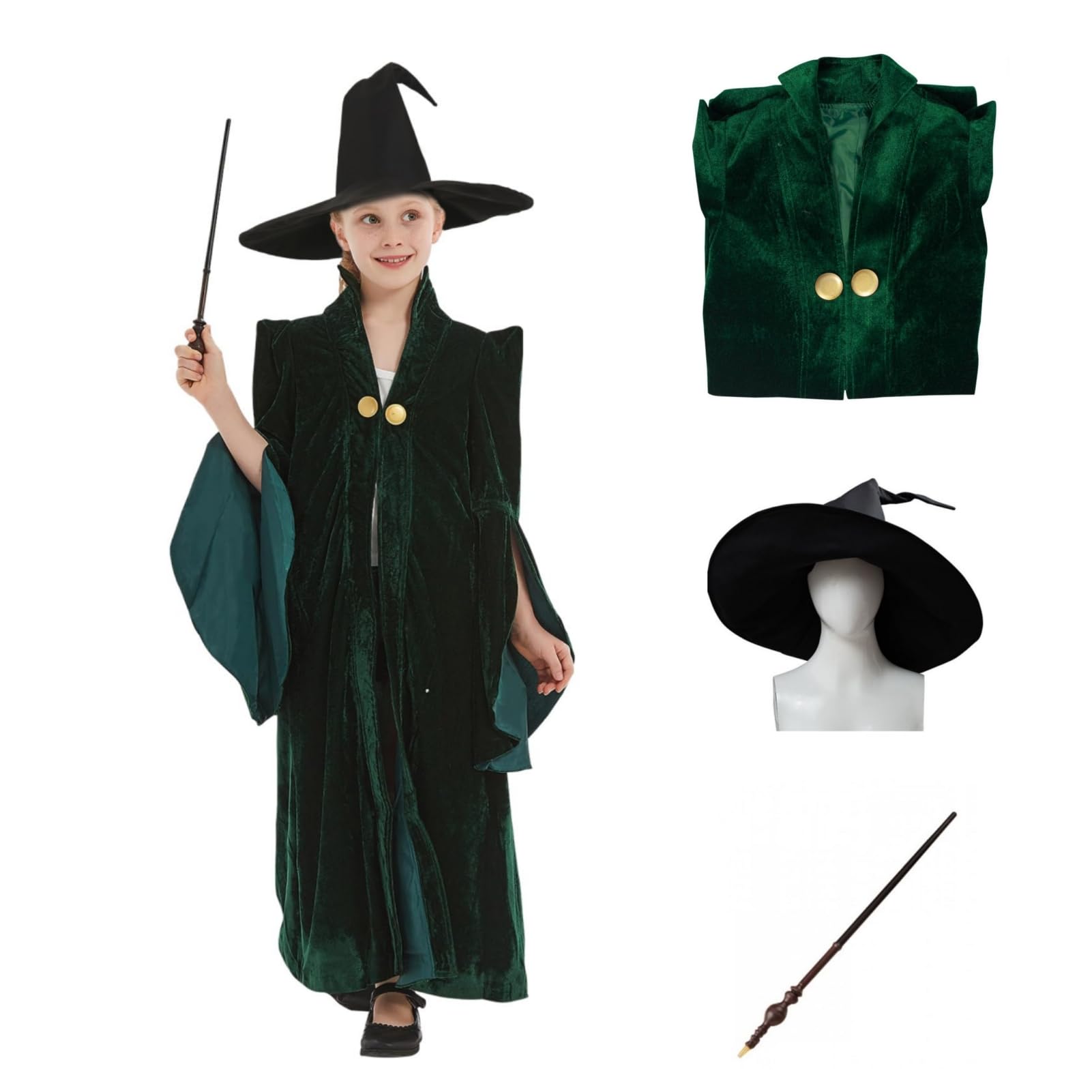 Photo 1 of Meicogo Kids Professor Witch Cosplay Costume Halloween Wizard Cloak with Hat Wand Robe Coat (Kids Outfit, X-Large)