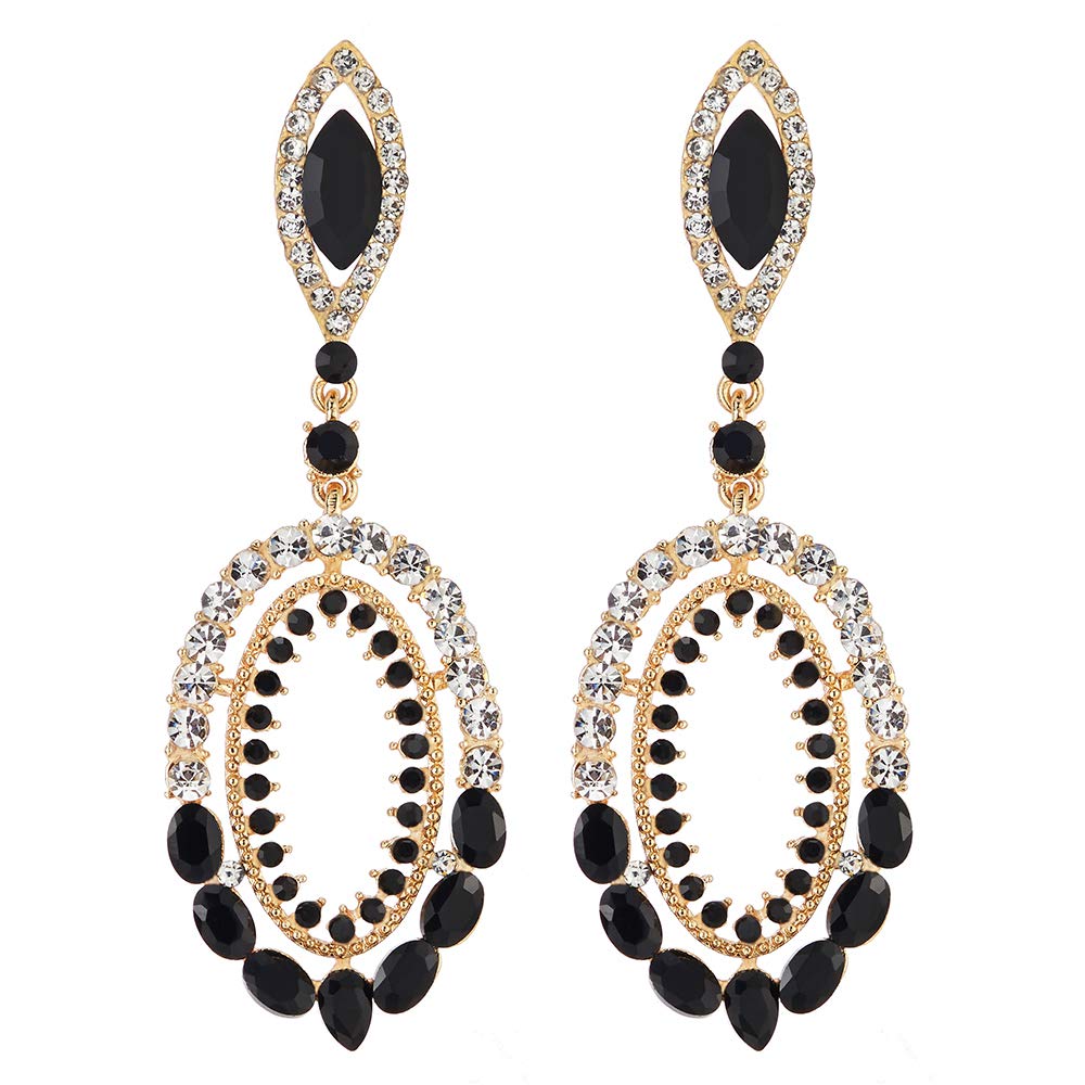 Pendientes colgantes de araña ovalados de cristal negro para mujer, pendientes colgantes con halo de diamantes de imitación en tono dorado, joyería para fiesta nocturna