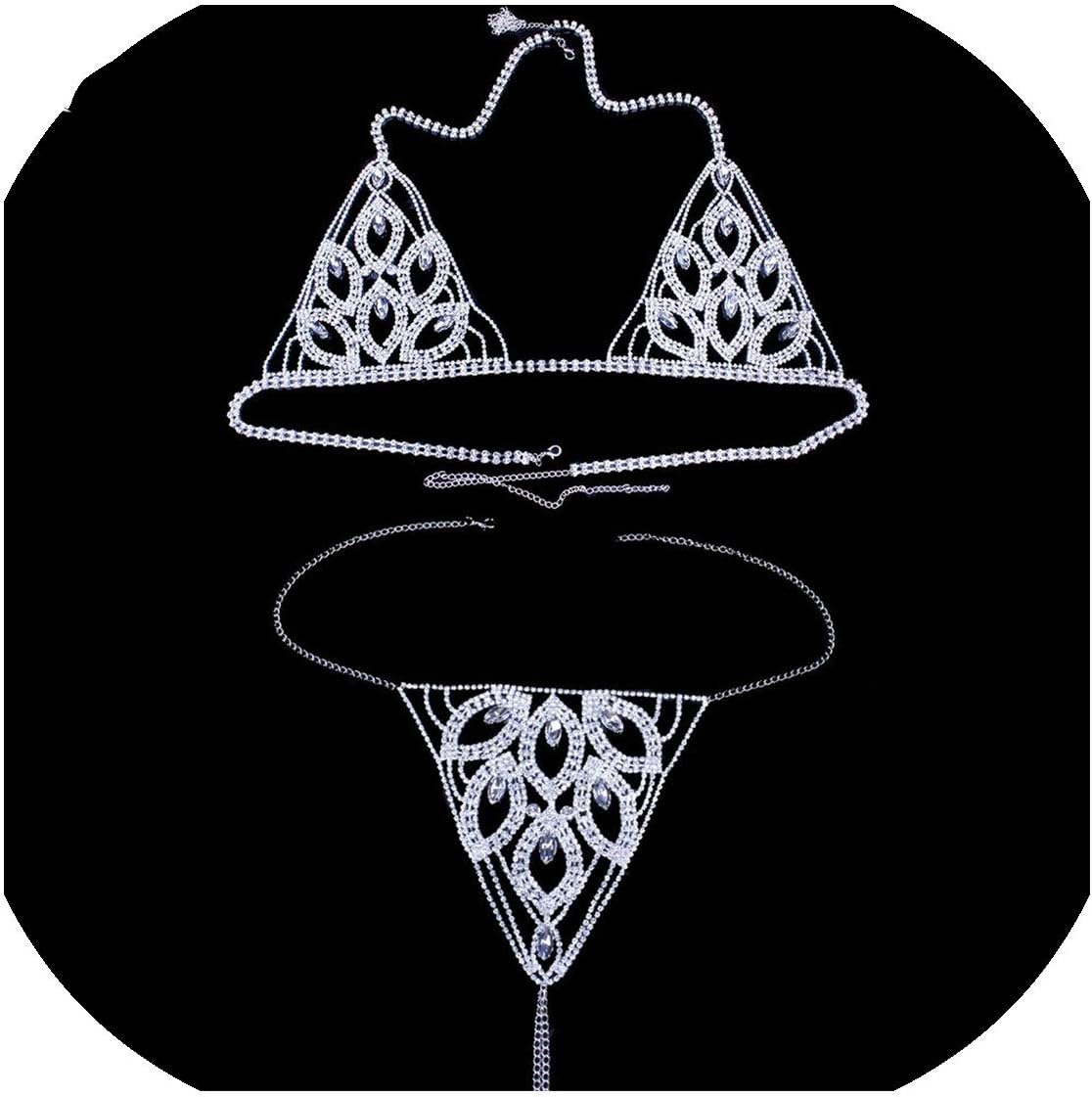 Leaf Shape Crystal Body Chain Sexy Bikini Set for Women Erotic Jewelry Rhinestone Chain Bra and Panties Underwear Set