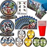 Avengers Party Supplies for 16 - Large Plates, cake plates, Napkins, Tablecloth, Cups, 3D masks, Tattoos - Great Decorative Birthday Set with Hulk, Captain America, Iron Man, Thor and more!