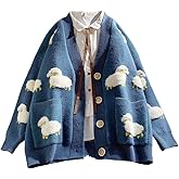 FindThy Women’s Kawaii Knitted Cardigan Long Sleeve Button Up Sheep Print Cute Sweater Cardigans