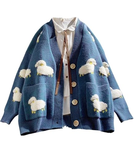Women Long Sleeve Knit Loose Cardigan Cartoon Sheep V-Neck Button