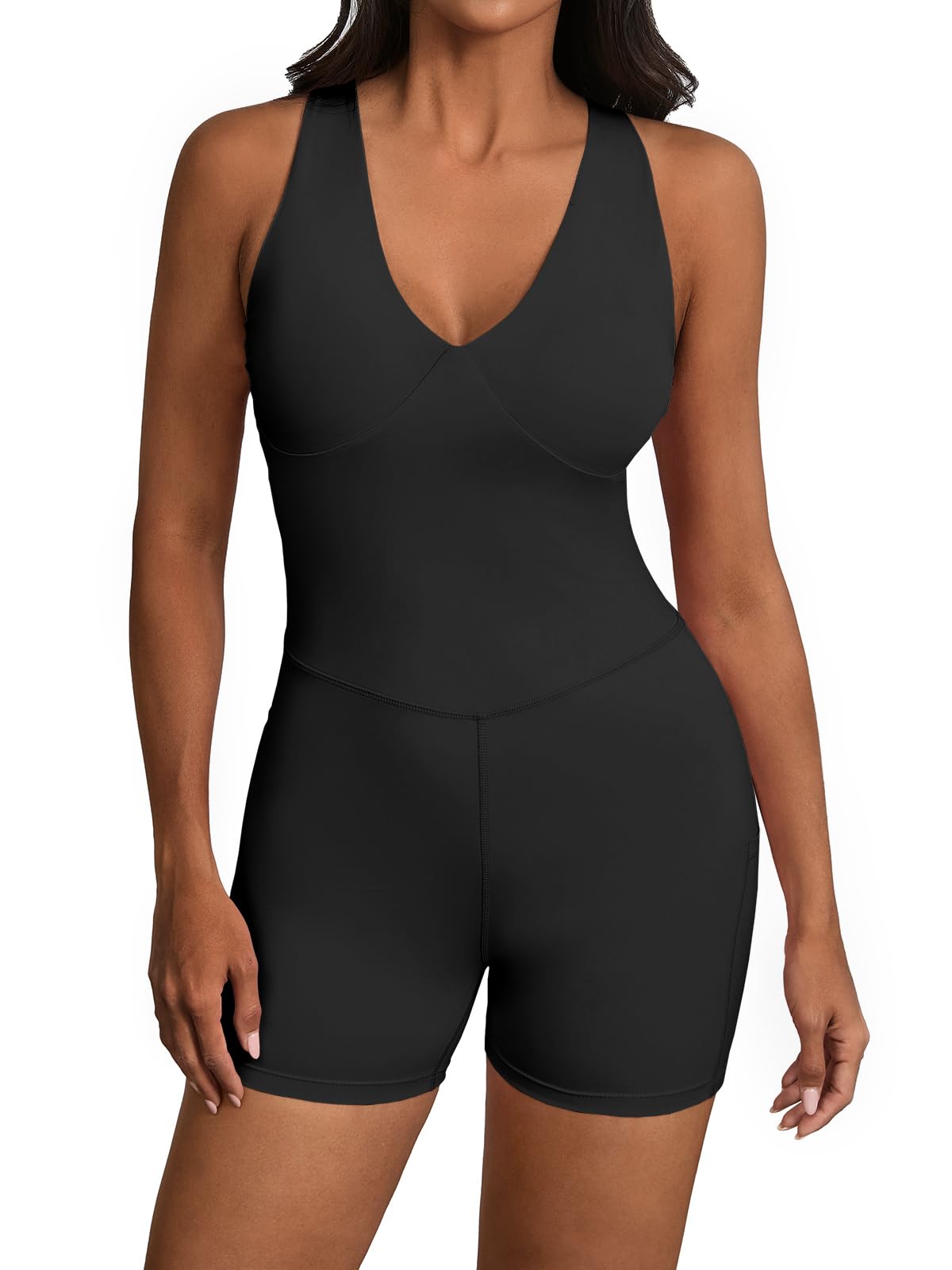 Photo 1 of Fisoew Womens One Piece Workout Jumpsuits V Neck Sleeveless Tummy Control Cross Back Gym Yoga Romper with Pockets&Bra