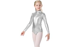 OVIGILY Girls Metallic Leotard Kids Long Sleeve High Neck Unitard Bodysuit for Gymnastics, Dance, Performances, Costumes