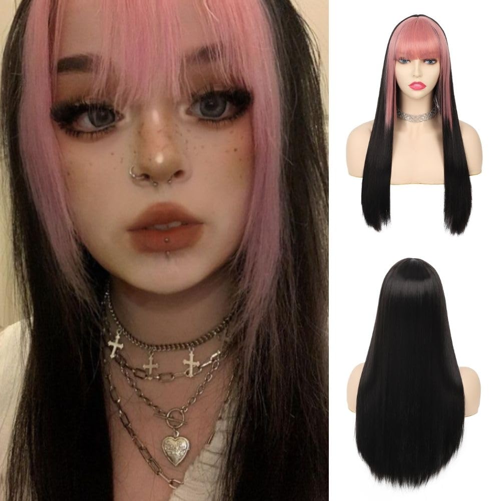 Salaibs Black Straight Long Womens Wig with Pink Bangs Synthetic Heat Resistant Fiber Cosplay Halloween Wig — image 1