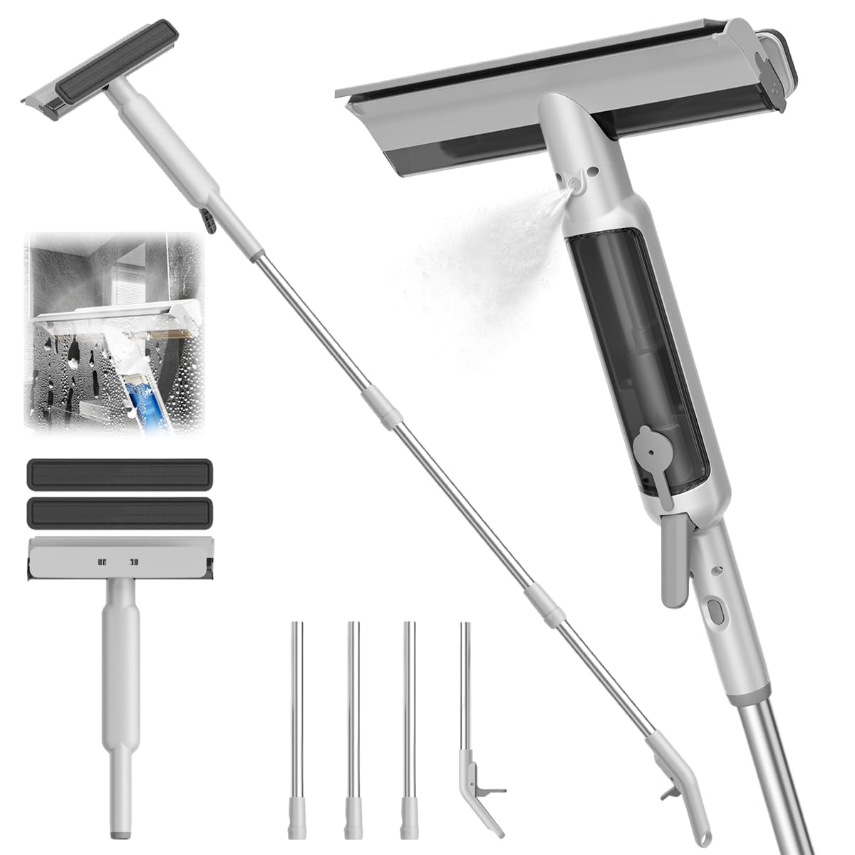 Photo 1 of 4 in 1 Window Squeegee with Water Tank,Window Cleaner Tool with Remote Control Water Spray,16'' to 72'' Adjustable Extension Pole,Wastewater Tray,Sponge Window Squeegee for Shower Glass Car Window