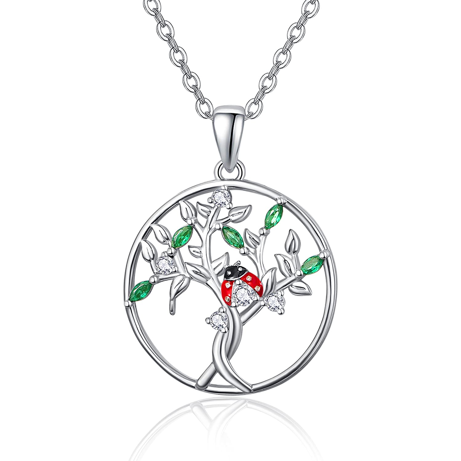 KINGWHYTE Tree of Life Necklace Silver Ladybird Pendants World Tree Necklace Gorgeous Zircon Necklaces Jewellery Gift for Women Best Friend โ image 1
