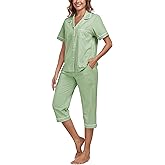 COLORFULLEAF 100% Cotton Women Pajama Short Sleeve Shrits With Capri Pants Pj Sets for Women Cotton Sleepwear