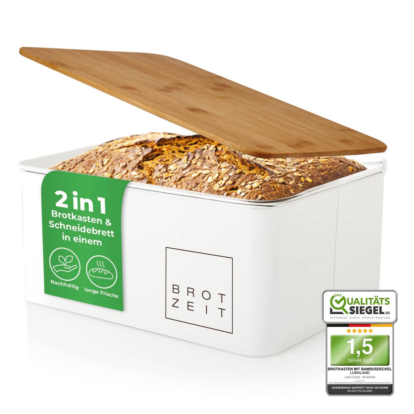 Lumaland Cuisine Bread Bin | Metal Lunch Box with Bamboo Lid | Bread Box Rectangular 30.5 x 23.5 x 14 cm | 2-in-1 Bread Container & Chopping Board [White]