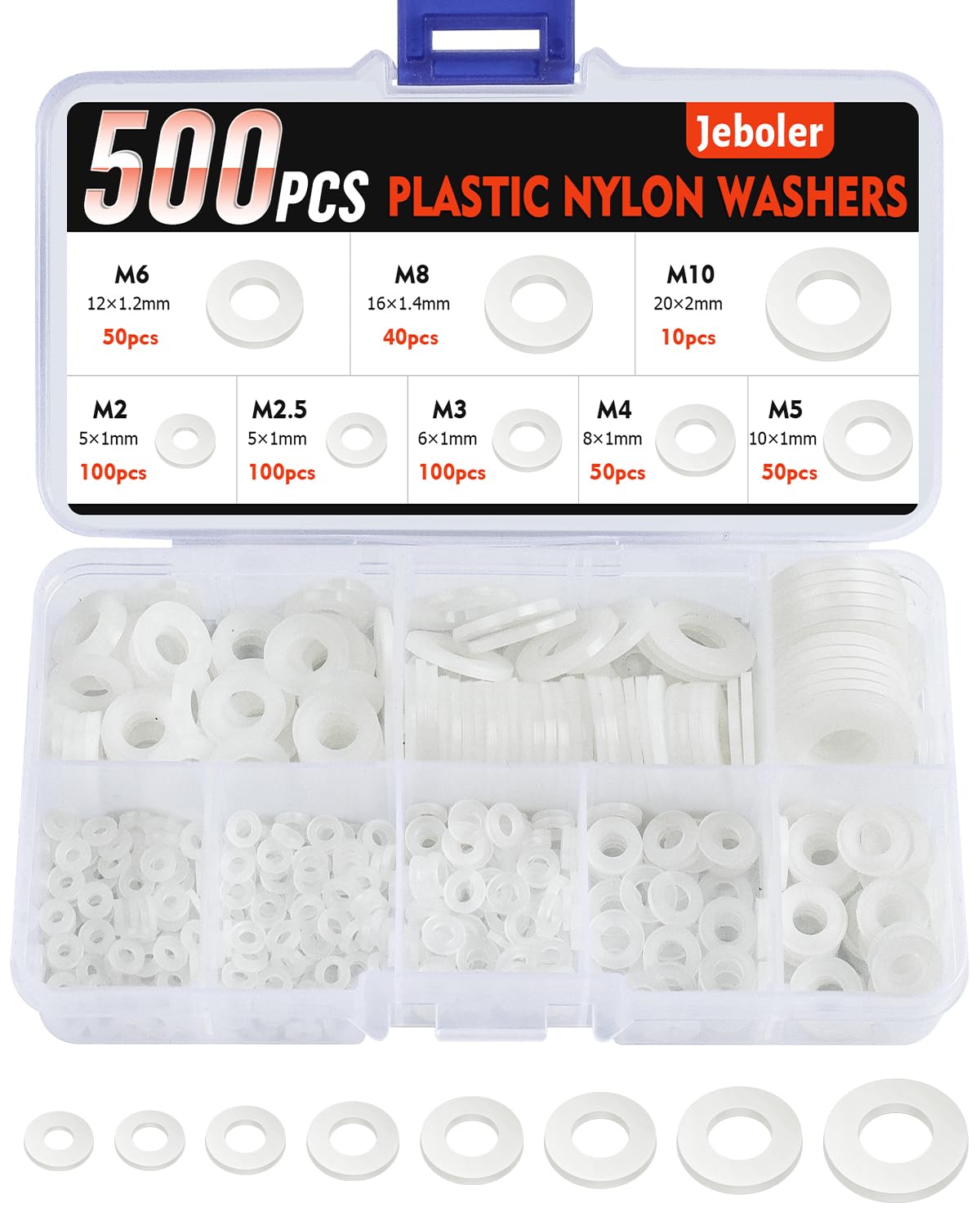 500 Pcs Nylon Washers, Jeboler White Flat O Ring Plastic Washers, Flat Round Plastic Spacers Washer Assortment, Assorted Washer With 8 Sizes- M2/M2.5/M3/M4/M5/M6/M8/M10