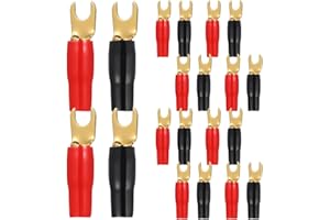 Wakauto 10 Pairs 8 Gauge Gold Plated Fork Spade Terminals - Heavy Duty Copper Crimp Connectors for Speaker Wire & Car Audio P