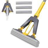 Nolopau Sponge Mop, Roller Sponge Mop with Self Squeeze | Stainless Steel Handle with 3 PVA Absorbent Mop Head Refills for Home Commercial Use Tile Floor Bathroom Garage Cleaning